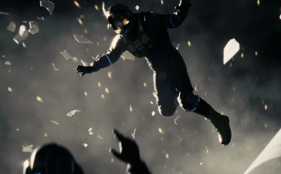 Astronaut in a suit floats through a smoky, dark scene with scattered debris around him.