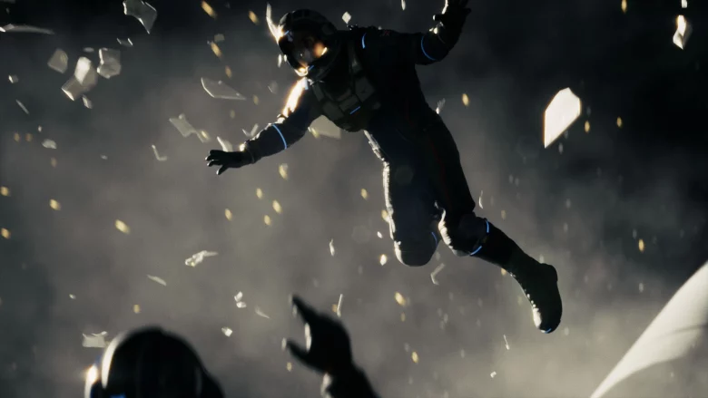 Astronaut in a suit floats through a smoky, dark scene with scattered debris around him.