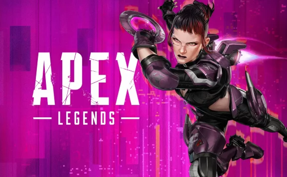 Promotional image for Apex Legends showing a female armored character in purple gear with “APEX LEGENDS” text in bold white letters on a pink-purple background.
