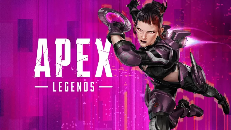 Promotional image for Apex Legends showing a female armored character in purple gear with “APEX LEGENDS” text in bold white letters on a pink-purple background.