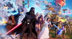 Epic Star Wars battle scene with Darth Vader at center wielding a red lightsaber among heroes, stormtroopers, and fighters across a snowy battlefield.