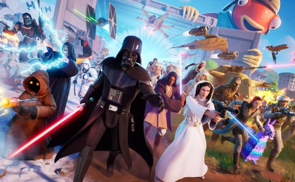 Epic Star Wars battle scene with Darth Vader at center wielding a red lightsaber among heroes, stormtroopers, and fighters across a snowy battlefield.