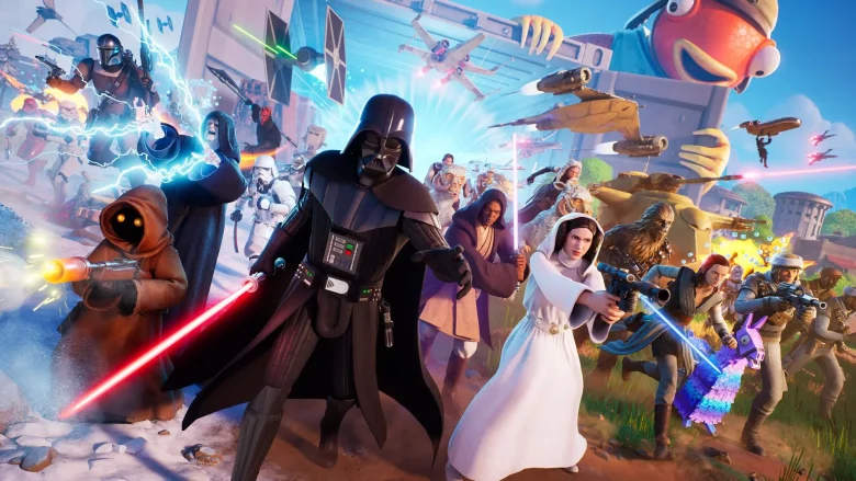 Epic Star Wars battle scene with Darth Vader at center wielding a red lightsaber among heroes, stormtroopers, and fighters across a snowy battlefield.