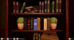 Dark wooden bookshelf with leather-bound books and two potted green plants on either side
