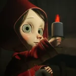 Close-up of a cartoon doll with a red hood holding a lit candle in a dark setting.