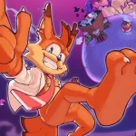 Orange anthropomorphic rabbit in mid-air kick, set against a colorful space scene with a purple planet and floating structures behind him.
