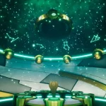 Futuristic circular platform with glowing green rings in a sci-fi chamber, a hovering golden orb above it under a starry neon ceiling.