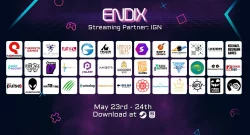 Banner showing ENPENDIX? Streaming Partner: IGN with a grid of game studio logos for a gaming event. May 23–24 download at Epic Games.