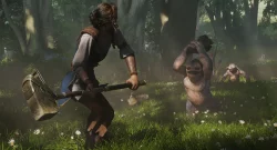 A female warrior swings a large hammer at two goblin-like creatures in a sunlit forest meadow.