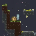 Pixel art platformer scene at night: a brown mossy cliff with a small beige character and a blue robot standing on a grassy ledge, while floating platforms drift nearby.