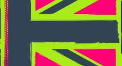 Abstract geometric art with neon green frames, hot pink panels, and dark blue shapes forming diagonal stripes.