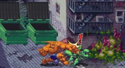 Orange, muscular hero punches a green alien in a gritty alley with dumpsters and graffiti.