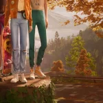 Three friends stand on a tree stump in an autumn forest, with a pink skateboard visible between them.