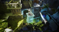 White rabbit wearing a red scarf stands on a decorated pedestal in a ruined temple overgrown with plants.