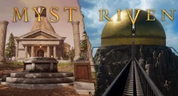 Split fantasy scene: left side shows ancient temple ruins with columns and a stone pedestal; right side features a large gold dome on a rocky cliff with a suspended bridge connecting them.