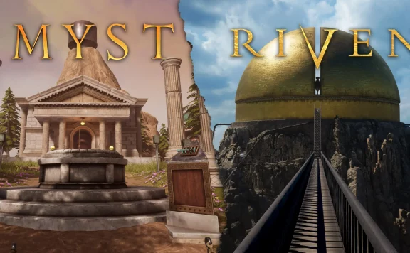 Split fantasy scene: left side shows ancient temple ruins with columns and a stone pedestal; right side features a large gold dome on a rocky cliff with a suspended bridge connecting them.