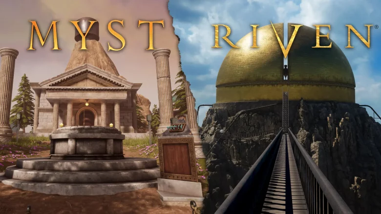 Split fantasy scene: left side shows ancient temple ruins with columns and a stone pedestal; right side features a large gold dome on a rocky cliff with a suspended bridge connecting them.