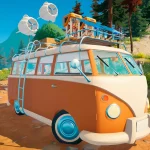 Orange-and-white retro van on a dirt forest path with a roof rack and two people on top, surrounded by trees and wildflowers.