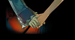 Two hands in a handshake, one in a blue suit with cuffs, illustrated in bold comic style against a dark background.