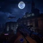 First‑person game screenshot: night rooftop scene with a bright full moon, ominous buildings, and a drawn bow ready to fire in the foreground.