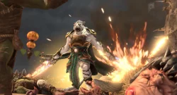 Anthropomorphic tiger warrior in ornate armor brandishing two flaming swords amid a chaotic battlefield.