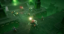 A squad of armored explorers in a green-lit, futuristic dungeon prepares for battle around a glowing device and staircases.