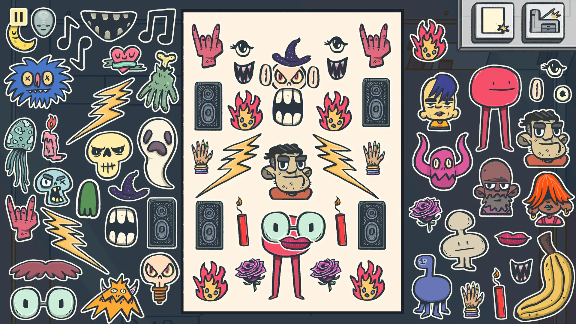 Whimsical sticker collage of goofy monsters, flames, skulls, hands showing rock signs, speakers, candles, and a central cartoon figure with a headband.