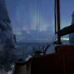 Sailing boat at night between towering icy cliffs with the northern lights in the sky and calm, starry water ahead.