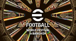Promotional poster for FOOTBALL WORLD FESTIVAL in BANGKOK, with a central white emblem and rainbow-radiating panels.