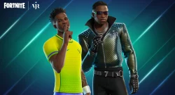 Two Fortnite characters pose together against a teal-blue gradient with diagonal light streaks; one wears a bright yellow jersey, the other a metallic studded jacket and sunglasses.