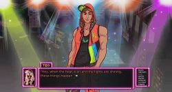 Neon arcade scene with a muscular man in an orange/black vest and red cap center stage, speaking from a glowing chat box at the bottom.
