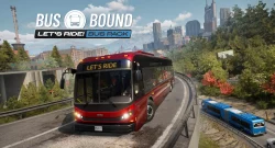 Red city bus leaning into a sharp bend on a mountainous highway, with a distant city skyline and a blue bus on the lower road nearby. In the foreground, the bus displays 'LET'S RIDE' on its windshield.
