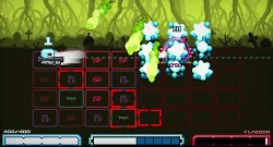 Grid-based battle scene set in a graveyard background; a player unit on the left fires green projectiles at a cluster of blue-glowing enemies on the right.