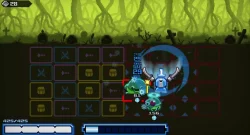 Blue-armored character with a circular shield fights a green enemy in a graveyard with neon-tiled ground.