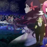 Night cityscape at night with fireworks over a lit bridge; four anime-style characters stand in the foreground.