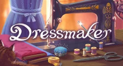 Sewing worktable with a vintage black and gold sewing machine, fabric, pins, thread spools, scissors, and a pincushion; the word 'Dressmaker' in elegant white script overlays the scene.