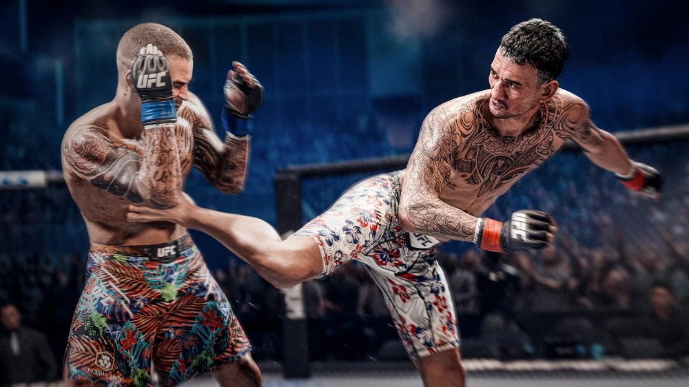 Two tattooed UFC fighters clash in the octagon as one lands a high kick on the other amid a cheering crowd.
