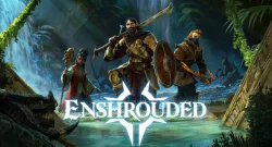 Heroic trio of warriors in a jungle dungeon, central knight with a large sword and shield leading the charge before the word 'Enshrouded' in glowing letters