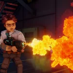 Blocky, bearded man in a white shirt fires a sci‑fi gun, blasting bright orange flames in a dark industrial setting.