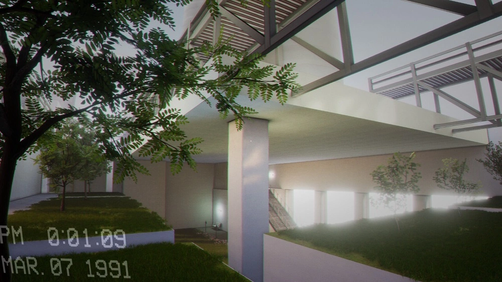 Indoor courtyard of a modern building with trees, grass, white columns, and a staircase, illuminated walkway, and a VHS-style timestamp reading PM 0:01:09 MAR 07 1991