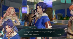 Group of fantasy characters in a bright atrium; Cai speaks to the others.