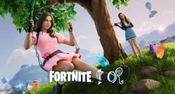 Two stylized girls in a bright fantasy landscape: one on a swing under a tree in a pink dress, another standing with a bow nearby; pumpkins and hills in the background, Fortnite logo visible.