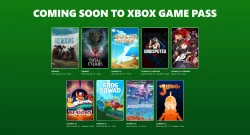 Marketing banner saying 'Coming Soon to Xbox Game Pass' over a green gradient with a grid of upcoming game cover previews (10 tiles).