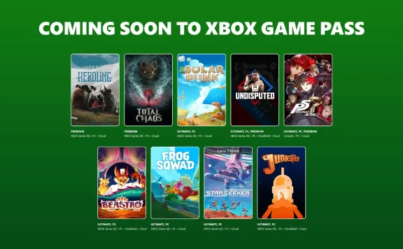 Marketing banner saying 'Coming Soon to Xbox Game Pass' over a green gradient with a grid of upcoming game cover previews (10 tiles).