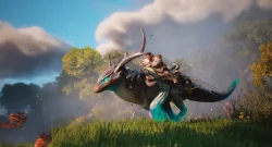 A warrior rides a teal-scaled dragon through a sunny forest with green grass and trees.