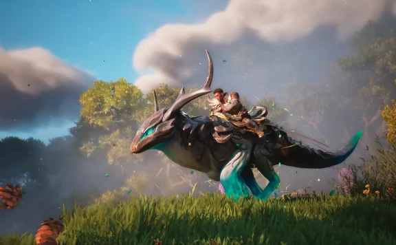 A warrior rides a teal-scaled dragon through a sunny forest with green grass and trees.
