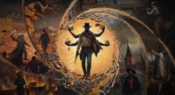 Central gunfighter in a hat and scarf stands inside a cracked circular wall, holding skulls with a sunburst glow behind.