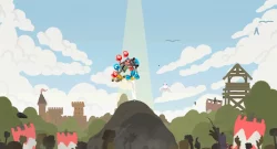 Colorful cartoon characters clumped together mid-air, rising toward a tall light beam against a blue sky with clouds, over a medieval town and dark crowd below.