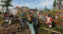 Napoleonic-era battle scene with redcoat soldiers manning cannons near a fortress under siege, explosions and smoke in the background
