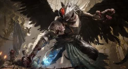Armored warrior with massive black wings charges mid-battle, wielding a glowing blue blade amid ruins.